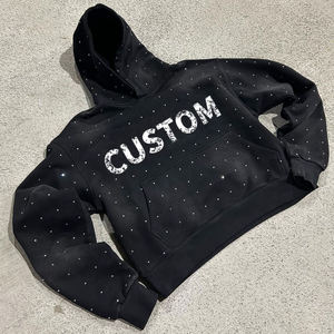 Vêtements pour hommes de haute qualité, streetwear, sweat à capuche avec strass, effet délavé, surdimensionné, noir, sweat à capuche pour hommes - Product Image 1