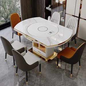 Table à manger ronde extensible avec table et chaise en dalle de pierre Table de cuisson à <span class=keywords><strong>induction</strong></span> intégrée, <span class=keywords><strong>plaque</strong></span> rotative <span class=keywords><strong>pour</strong></span> usage domestique - Product Image 3