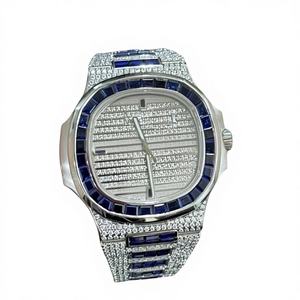 กำไลข้อมือสแตนเลสทรงกลมประดับเพชร VVS มอยส์ซาไนต์สีขาวทรงบาแกตต์และไพลิน พร้อมตัวล็อกแบบ 10 บาร์ กันน้ำได้ - Product Image 1