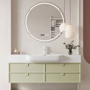 Meuble-lavabo simple au sol de style crème français minimaliste avec miroir rond intelligent, vasque en céramique et finition laquée - Product Image 1