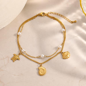 Tobillera de Acero Inoxidable Chapada en Oro con Cadena de Perlas de Doble Capa y Dije de Concha de Tortuga, Adorno para el Pie de Mujer - Product Image 4
