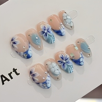Faux ongles courts en PMMA, faits à la main, en forme d'amande, à presser, avec motifs floraux et strass, pré-conçus pour les doigts