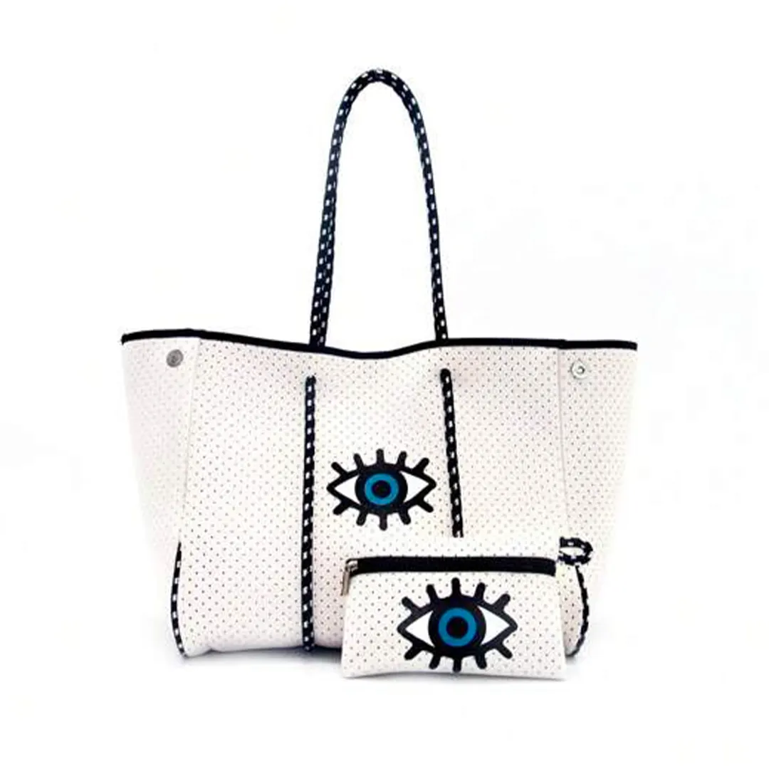Customization private label logo small MOQ perforated summer rope handle evil eye neoprene tote beach bag