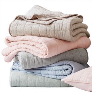 Luxury Modern Washed Cotton Linen <b>Quilt</b> Set <b>Bedspread</b> Coverlet Box Stitched 2 Pillow Shams All-Season Cornflower Blue - Product Image 3