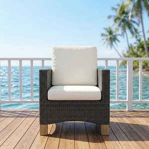 Contemporary Rattan <b>Garden</b> Chair With White <b>Cushions</b> Teak Legs <b>Outdoor</b> Furniture - Product Image 2