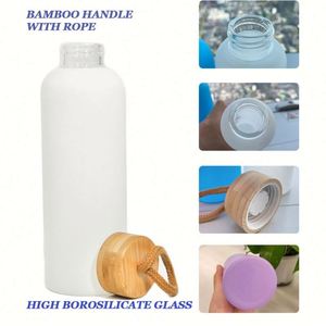 Botellas de agua de vidrio de borosilicato de 20 oz, esmeriladas, multicolor, para sublimación, con tapa de bambú y cuerda. - Product Image 4