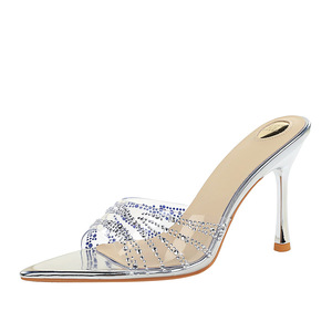 Sandali con Tacco in PVC di Design alla Moda, Scarpe <span class=keywords><strong>Eleganti</strong></span> da Donna con Strass e Punta Aperta per Feste ed Eventi Serali - Product Image 5