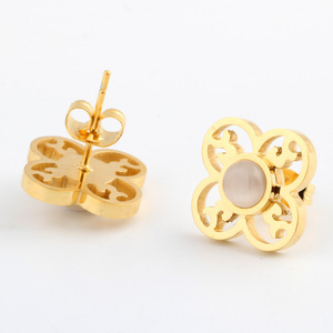 <b>Stud</b> <b>Earrings</b> Gold Plated Cat's Eye Stone Flower Design Bezel Setting For Women Gift - Product Image 3