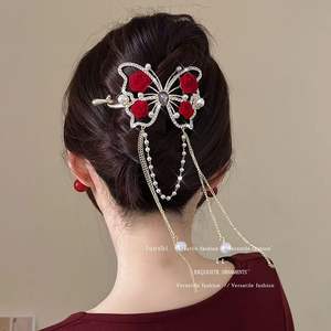 Barrettes à cheveux torsadées pour femme, en alliage <span class=keywords><strong>rouge</strong></span>, avec <span class=keywords><strong>fleur</strong></span> floquée et perles, pour l'automne et l'hiver - Product Image 3
