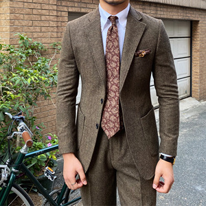 Costume en <span class=keywords><strong>laine</strong></span> à chevrons italien vintage trois pièces pour homme, <span class=keywords><strong>veste</strong></span> à col en V à simple boutonnage avec pantalon, taille adulte pour l'automne et l'hiver - Product Image 1