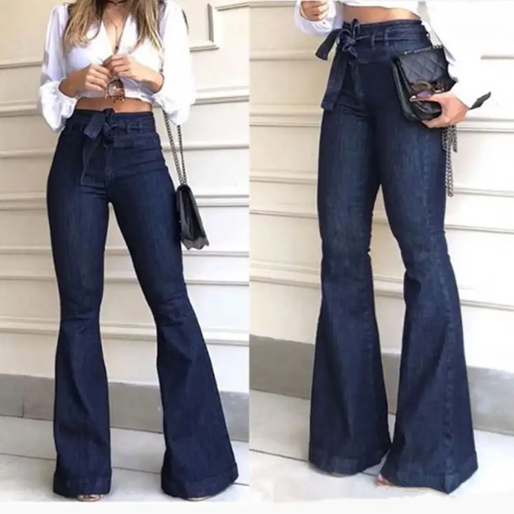 Pantaloni svasati con cravatta micro elastica a vita alta skinny sudamericani jeans a gamba larga per le donne