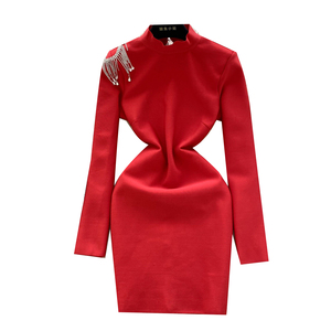 Túnica Sexy de invierno, vestido Midi informal ajustado para mujer, manga larga, diamantes, ahueca hacia fuera, sin espalda, borla, encaje, Vestidos rojos <span class=keywords><strong>Bla</strong></span> - Product Image 5