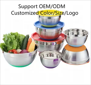 Круглые миски из нержавеющей стали для кухни в американском стиле с красочным силиконовым дном, воздухонепроницаемые крышки с индивидуальным логотипом, набор салатных чаш