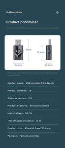 Transmisor y <span class=keywords><strong>Receptor</strong></span> de Audio Inalámbrico T9-3 2 en 1, Adaptador <span class=keywords><strong>USB</strong></span> <span class=keywords><strong>Bluetooth</strong></span> Aux, Manos Libres, Kits de Adaptador Estéreo para Automóvil - Product Image 6