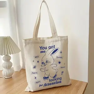 Bolsa de mão Kpop para presente de viagem diária, sacola de lona de coelho com padrão de coelho bege