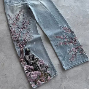 Stokta sınır ötesi ağır işlemeli Y2K amerikan Vintage Boot Cut orta yıkama Hip-hop Streetwear gevşek Unisex Denim - Product Image 2