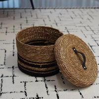 Panier de rangement en herbe de mer naturelle moderne avec poignée en cuir, deux tailles, tressé, multi-usages, organisateur de fournitures de bureau et de maison, vente en gros
