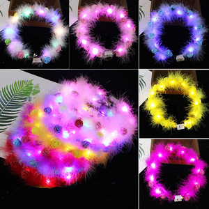 Serre-tête lumineux en plumes et roses avec nœud, <span class=keywords><strong>couronne</strong></span> florale tendance pour la photographie et les fêtes - Product Image 4
