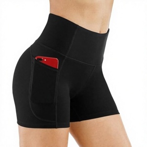 Shorts Deportivos Negros de Cintura Alta con Bolsillos Laterales, de Secado Rápido, Tejido de Spandex, para Mujer, para Fitness y Entrenamiento - Product Image 1