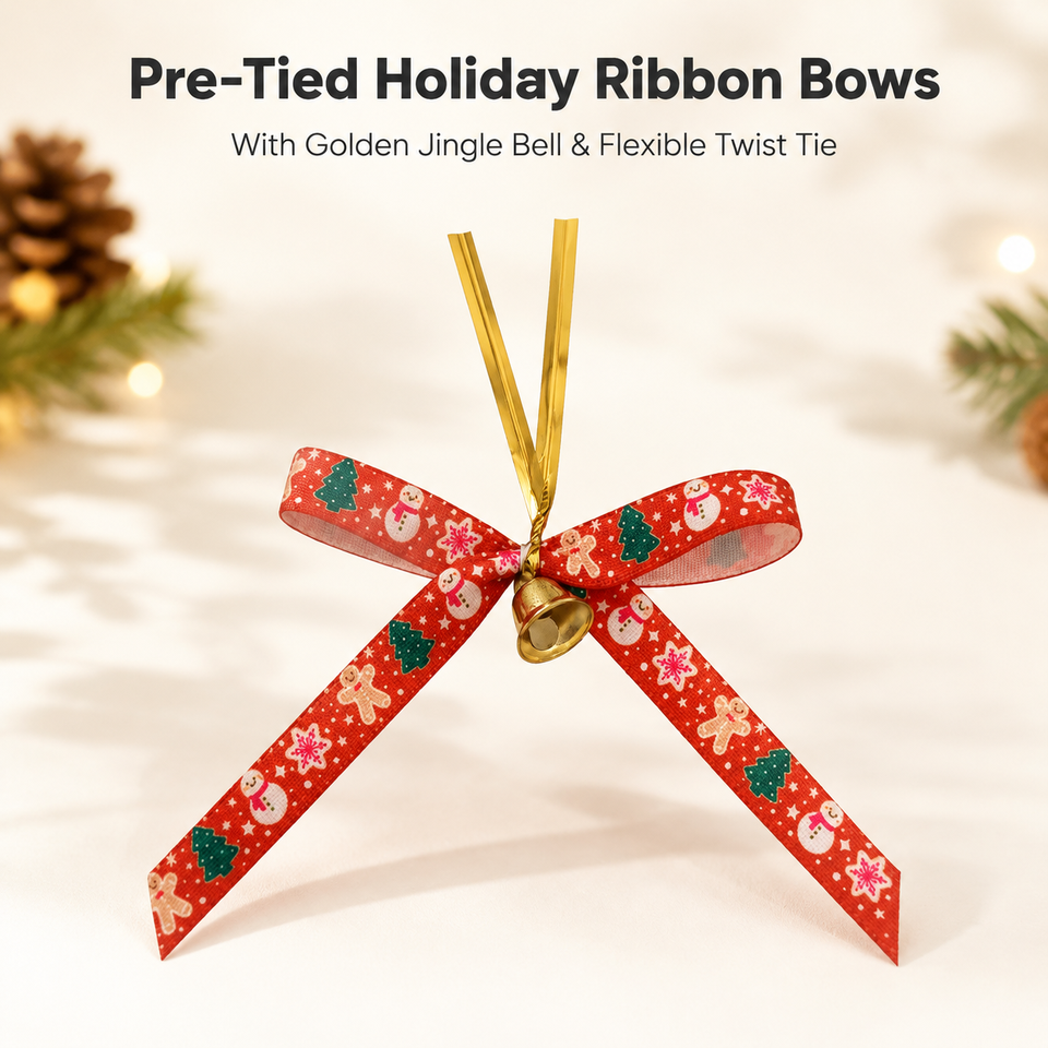 Wholesale Pre-Tied Christmas Ribbon Bows With Gold Jingle Bell Printed ...