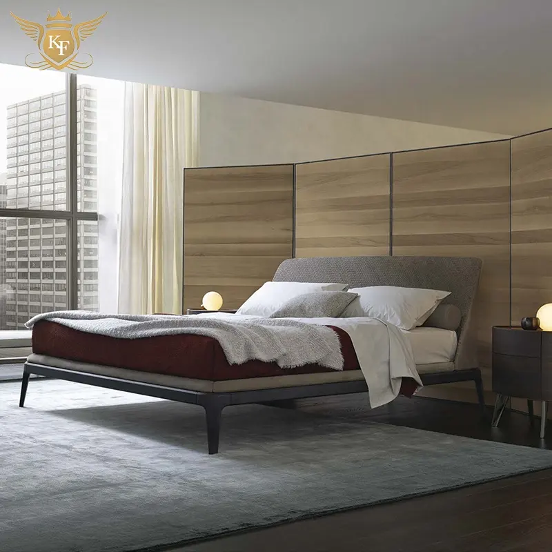 Furnitur Rumah Modern Furnitur Kamar Tidur Desain Italia Ukuran Raja Tempat Tidur Kamar Hotel Kaki Logam Tempat Tidur Kulit Set Furnitur