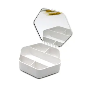 R1045 5 Compartiment Pentagon Size Organizer Opbergdoos Met Spiegel Deksel Perfect Voor Sieraden Cosmetica Wit