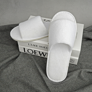 Precio de fábrica al por mayor Toalla blanca Tela Zapatillas de Punta abierta Transpirable Barato Desechable <span class=keywords><strong>Terry</strong></span> Cloth Zapatillas de hotel con logotipo - Product Image 1