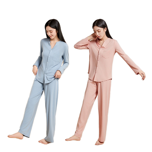 Conjunto de Pijama de Algodón Transpirable para Mujer, Novedad de Primavera, Manga Larga, Color Liso, Ropa de Dormir Suave y a la Moda para el Hogar - Product Image 1