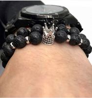 Bracelet tendance 2019 en pierre de lave avec breloques couronne impériale et casque sertis de zircone cubique pour homme