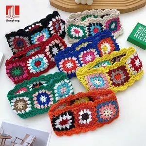 Fashion Winter Women Knitted Hand Made Square Daisy Floral Tie Crochet Headscarf headband for Girls