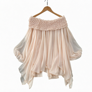 Wholesale Pleated Off Shoulder Chiffon <b>Blouse</b> Raglan Bubble Sleeve Irregular Hem Women Summer Shirt - Product Image 1