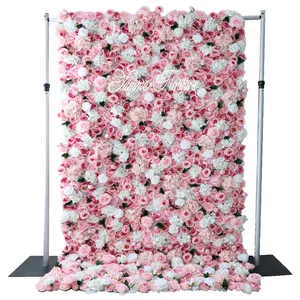 사용자 정의 이벤트 꽃 꽃 벽 패널 인공 꽃 핑크 장미 수국 3D 웨딩 실크 꽃 벽 배경