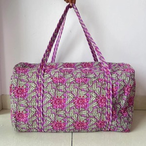 Bolsa de Viaje Ecológica y Duradera de Algodón con Estampado de Bloques, Bolsa de Lona Personalizada con Cremallera, Bolsa de Viaje Grande Acolchada, Estilo Boho Floral, Bolsa de Hospital - Product Image 2