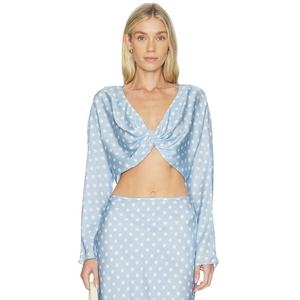 Ensemble assorti pour femme, haut court à col en V à imprimé pois bleu clair vintage, jupe mi-longue à plis - Product Image 1