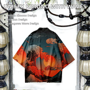 Kimono traditionnel pour hommes et femmes, <span class=keywords><strong>Yukata</strong></span>, imprimé vagues de Kanagawa et soleil rouge, cardigan japonais, cosplay, Haori, vêtements de samouraï, cape - Product Image 2