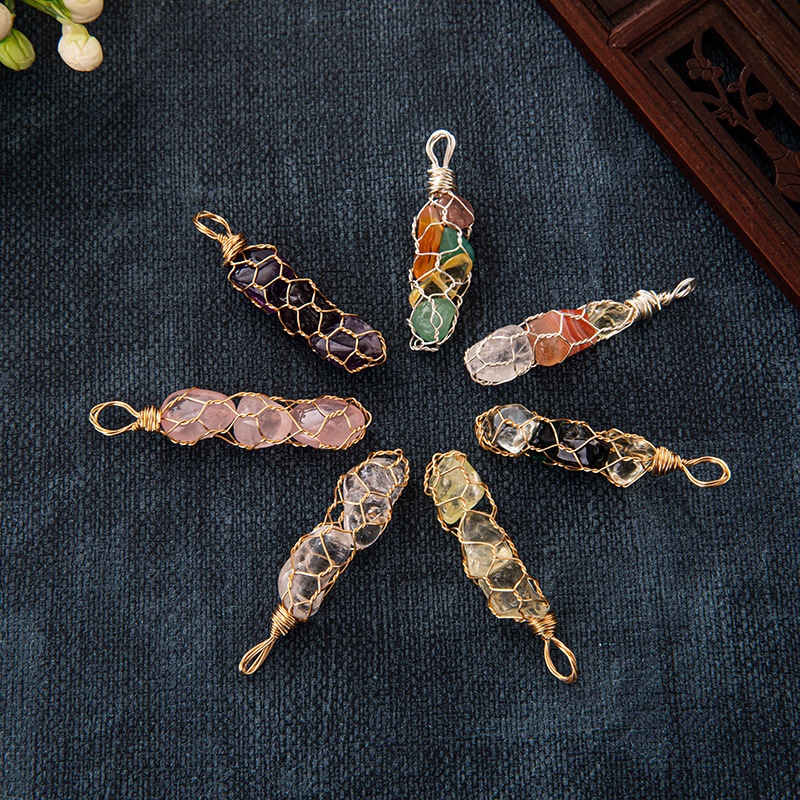 2025 Retro Natural Colorful Crystal Pendant Hand Woven Copper Wire Mesh Pendant Multi Layer Gravel Pendant for Women Jewelry