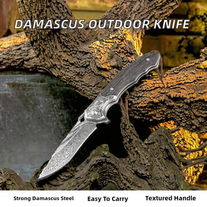 Cuchillo Plegable de Supervivencia y Caza, Versátil para Exteriores, con Mango de Ébano y Hoja de Acero de Damasco, DIY OEM - Product Image 2