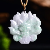 Pendentif en jade naturel de Birmanie, couleur printemps, renard à neuf queues, jade glutineux, pour hommes et femmes