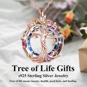 Unisex Stainless Steel <b>Tree</b> of Life Necklace with Circle <b>Crystal</b> Pendant Meaningful Gifts for Women B's Jewelry - Product Image 2