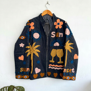Veste en coton noir brodée à la main avec motif floral palmier coucher de soleil, manches longues, col montant, vêtement d'extérieur d'hiver pour femme - Product Image 1