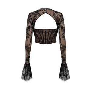 <span class=keywords><strong>Top</strong></span> Corto Sexy in Pizzo Floreale Nero da Donna, <span class=keywords><strong>Maniche</strong></span> <span class=keywords><strong>Lunghe</strong></span>, con Aperture e Corsetto Imbottito - Product Image 6