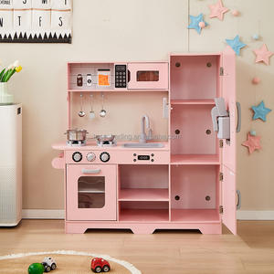 Cuisine de jeu en bois de luxe pour enfants avec réfrigérateur, micro-ondes, cuisinière et évier de style vintage, ensemble de cuisine d'imitation haut de gamme - Product Image 6