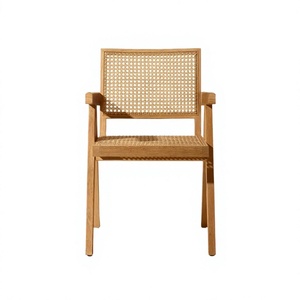 Silla de Comedor Moderna de Madera Maciza y Ratán, Silla con Brazos Estilo Wabi Sabi para Sala de Estar, Silla de Ratán con Respaldo para Descanso - Product Image 2