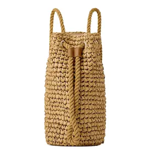 Mode chaude crochet brun papier paille sac à dos en cuir PU grand mignon fermeture éclair chaîne attachant à la main coton corde sangles rayure