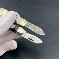 Couteau de poche pliant mini haut de gamme DIY OEM en acier Damas/acier allemand, lame Drop Point, manche en os d'antilope naturel pour le camping en extérieur