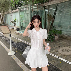 White Shirt Dress For Women Short Sleeve Polo Neck Pleated Skirt Set Breathable Casual Daily Wear - Product Image 1