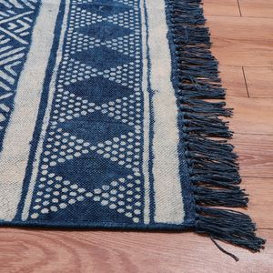 Tapis Kilim en coton bleu indigo tissé à la main, imprimé en bloc, tissage plat, style bohème, pour sol, 5x8 6x9 8x10 9x12 - Product Image 1