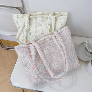 Tas bahu wanita ritsleting empuk katun Floral komuter Logo ukuran kustom tas belanja Tote - Product Image 6