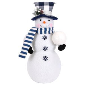 Blue Buffalo Plaid Hat Snowman Figure with Sparkling <b>Snowball</b> for Modern Winter Tabletop Decor New - Product Image 1