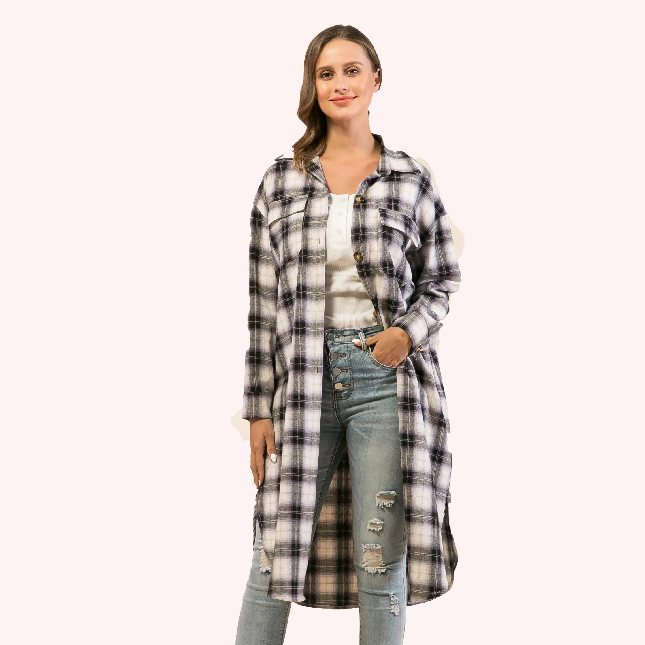 Women Plaid Coat Long Sleeve Lapel Button Down Shirt Jackets Cardigan Winter Trench Pea Coat Overcoat